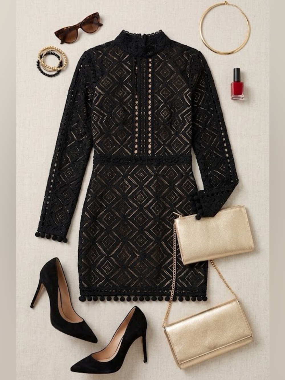 Elegant Black Lace Long-Sleeve Mini Dress